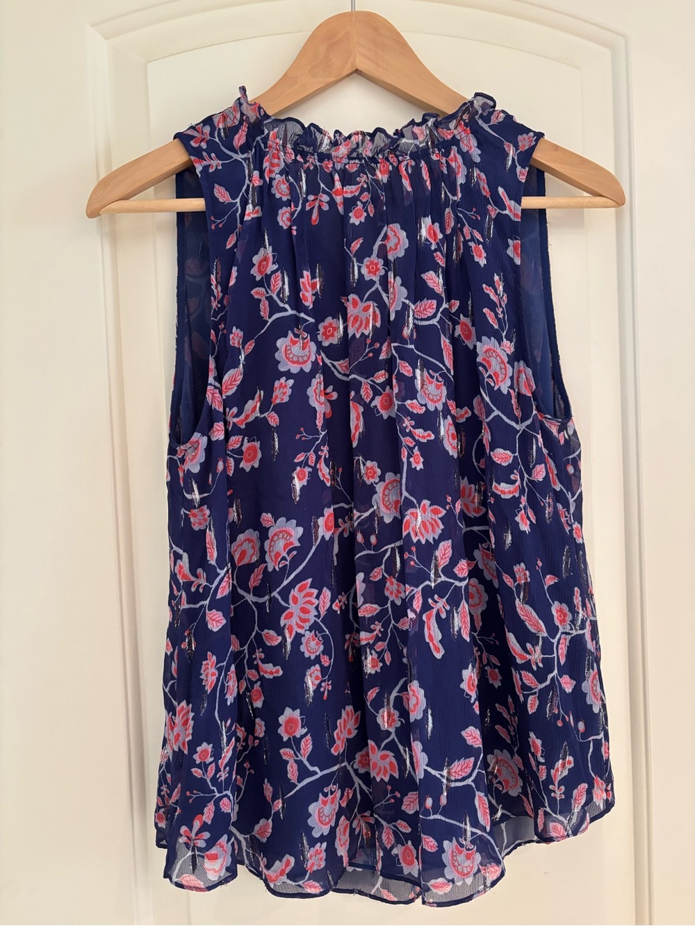 Rebecca Taylor Silk Metallic Indigo Coral Floral Sleeveless Blouse Size 4